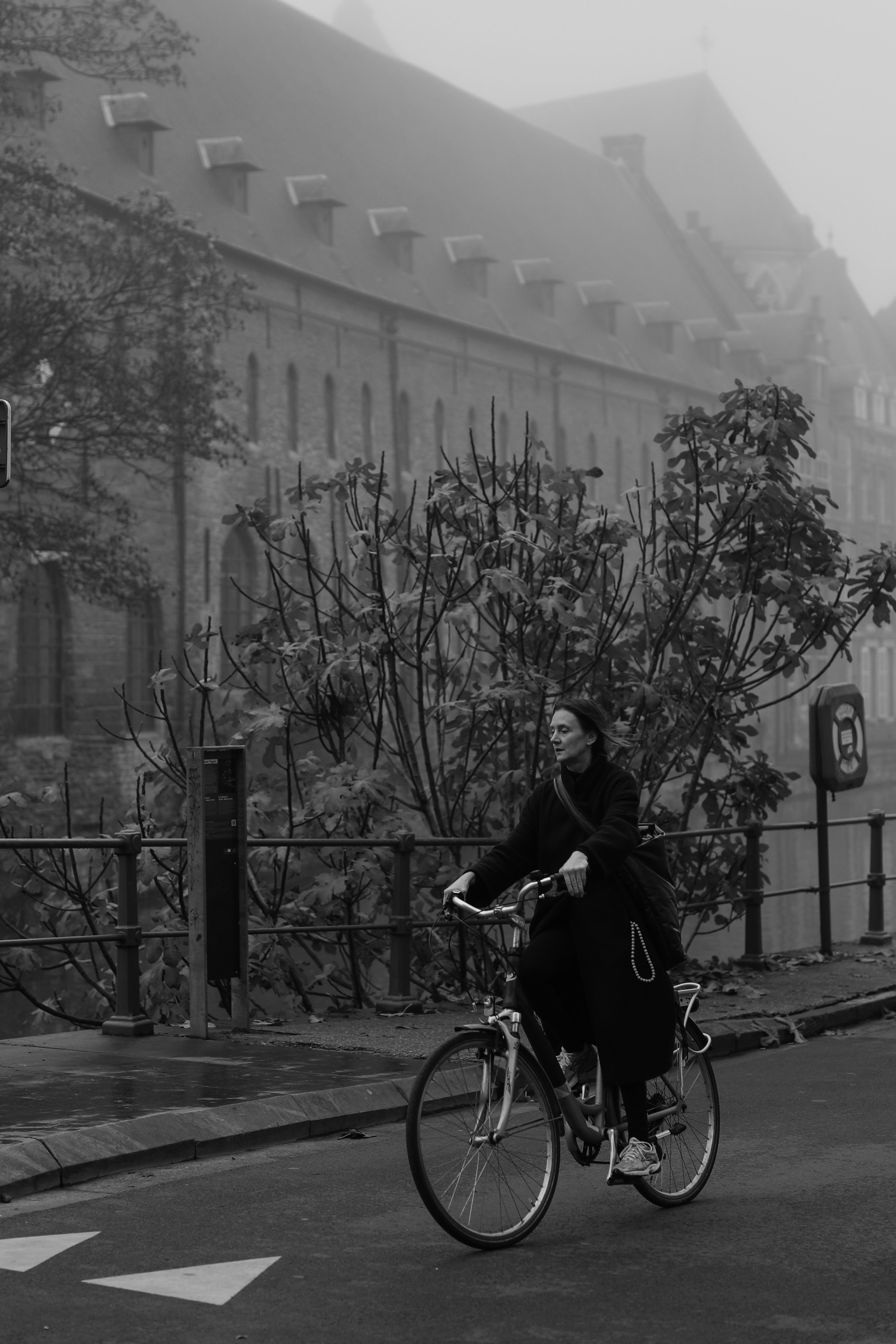 A cyclist rides through a foggy city street, capturing a vintage mood.