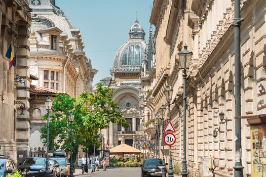 Beautiful historic street view of Bucharest's architectural landmarks. Explore Romania's cultural heritage.