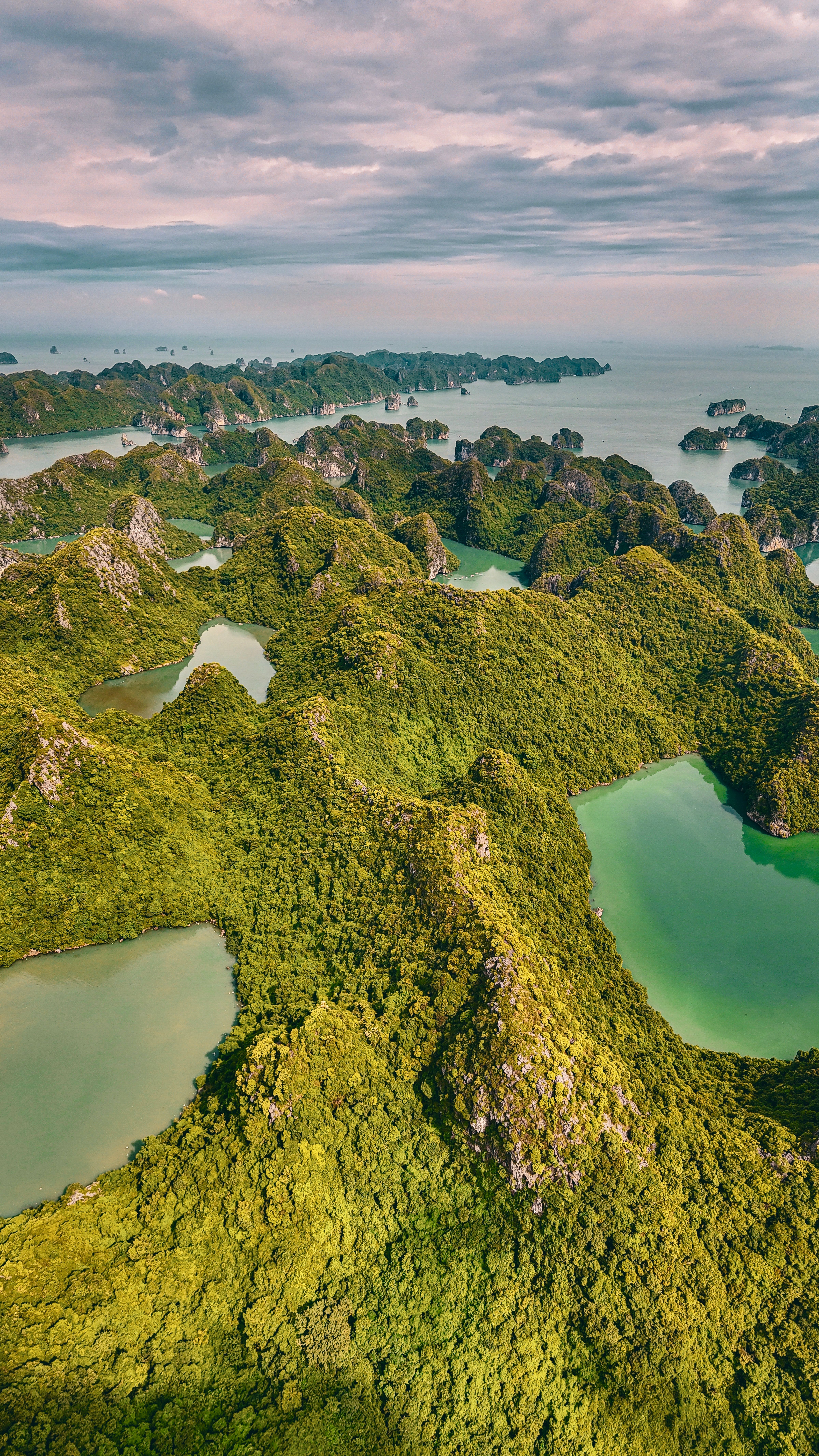 Breathtaking aerial view of green islands and emerald waters in Halong Bay, Vietnam.