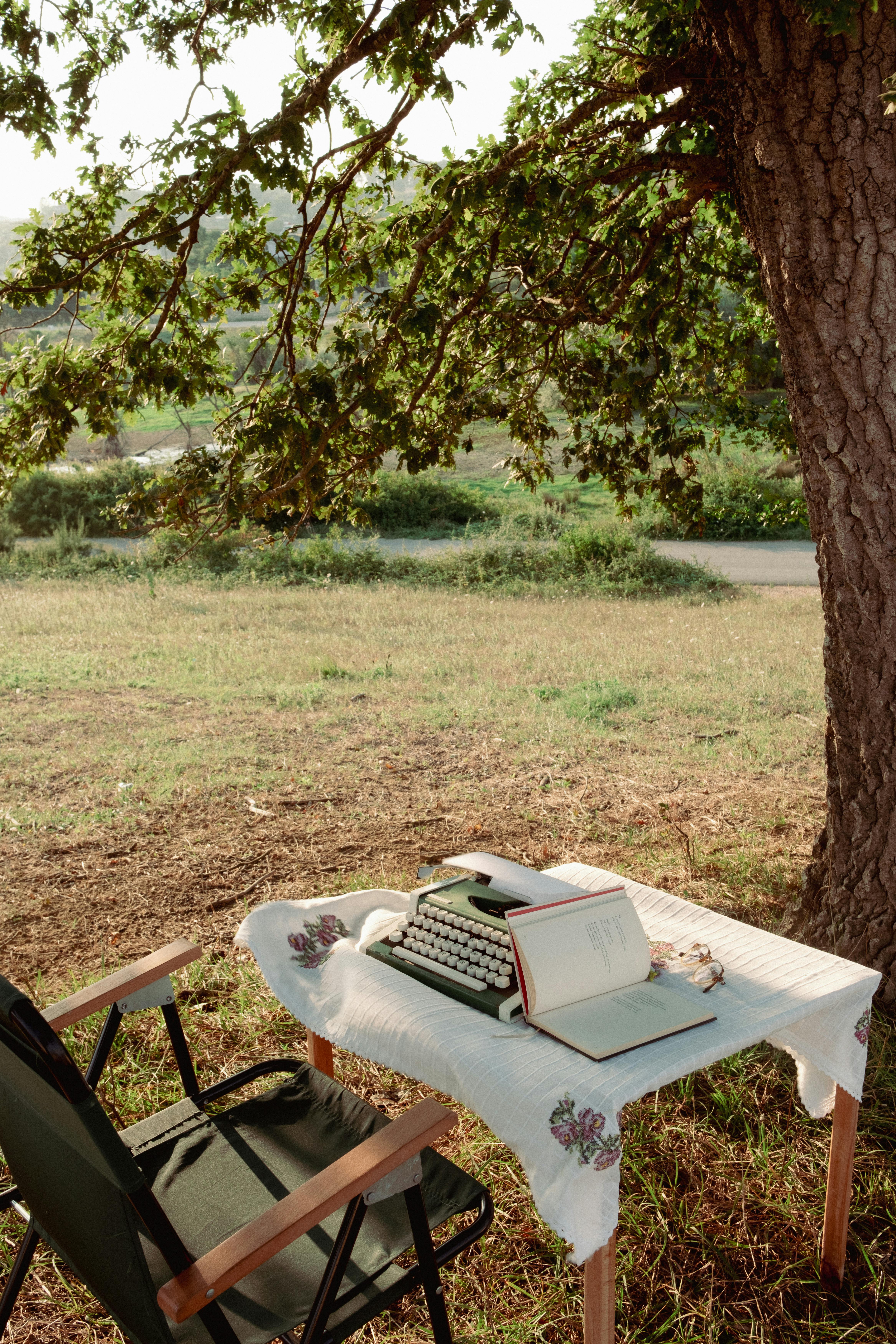 Retro typewriter on a table under a tree, capturing a peaceful outdoor writing scene.