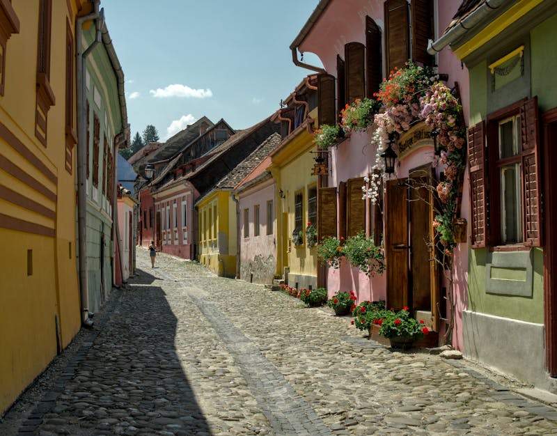 Rue pittoresque avec des bâtiments médiévaux colorés à Sighișoara, Roumanie.