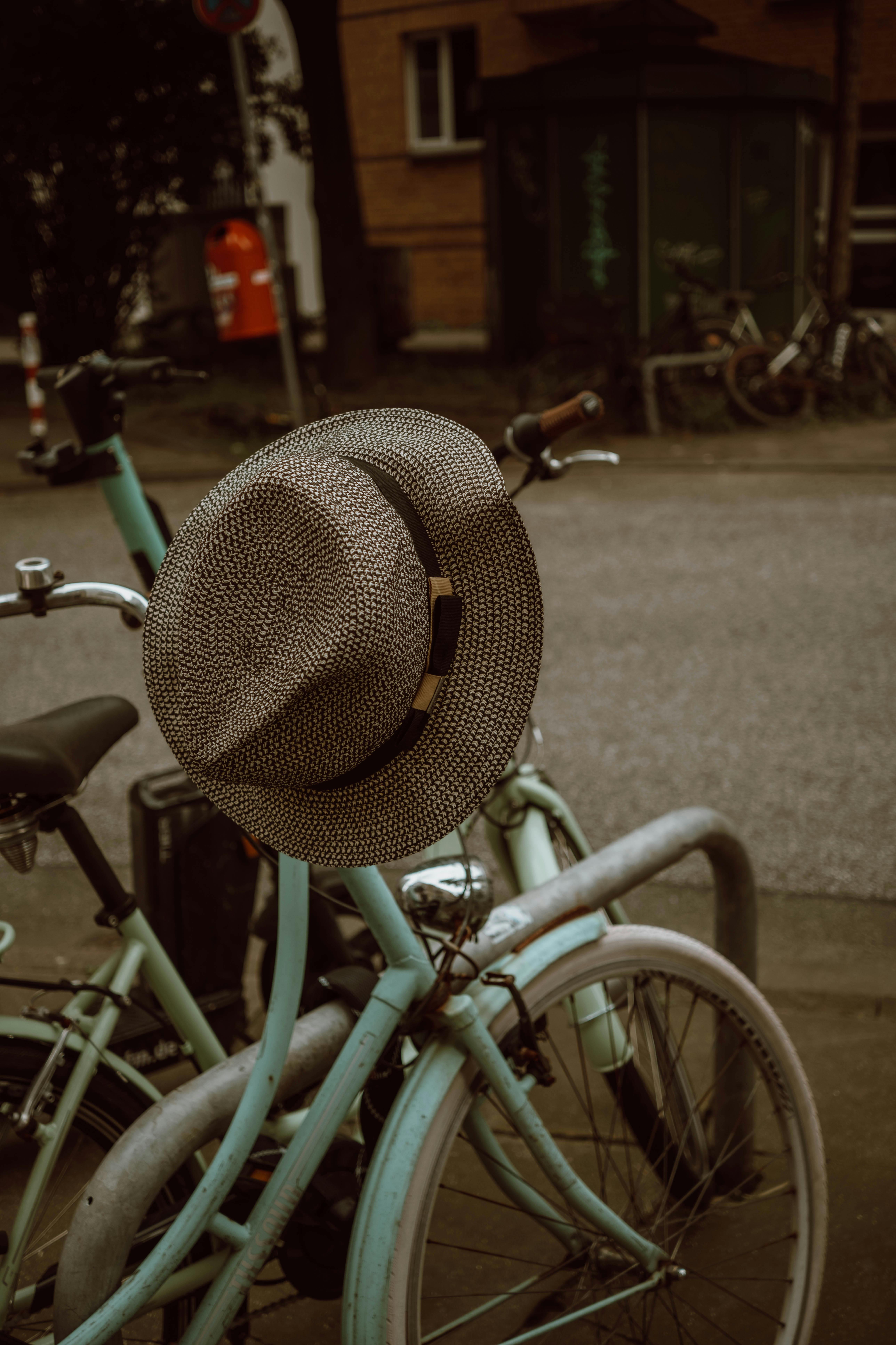 a hat on a bicycle