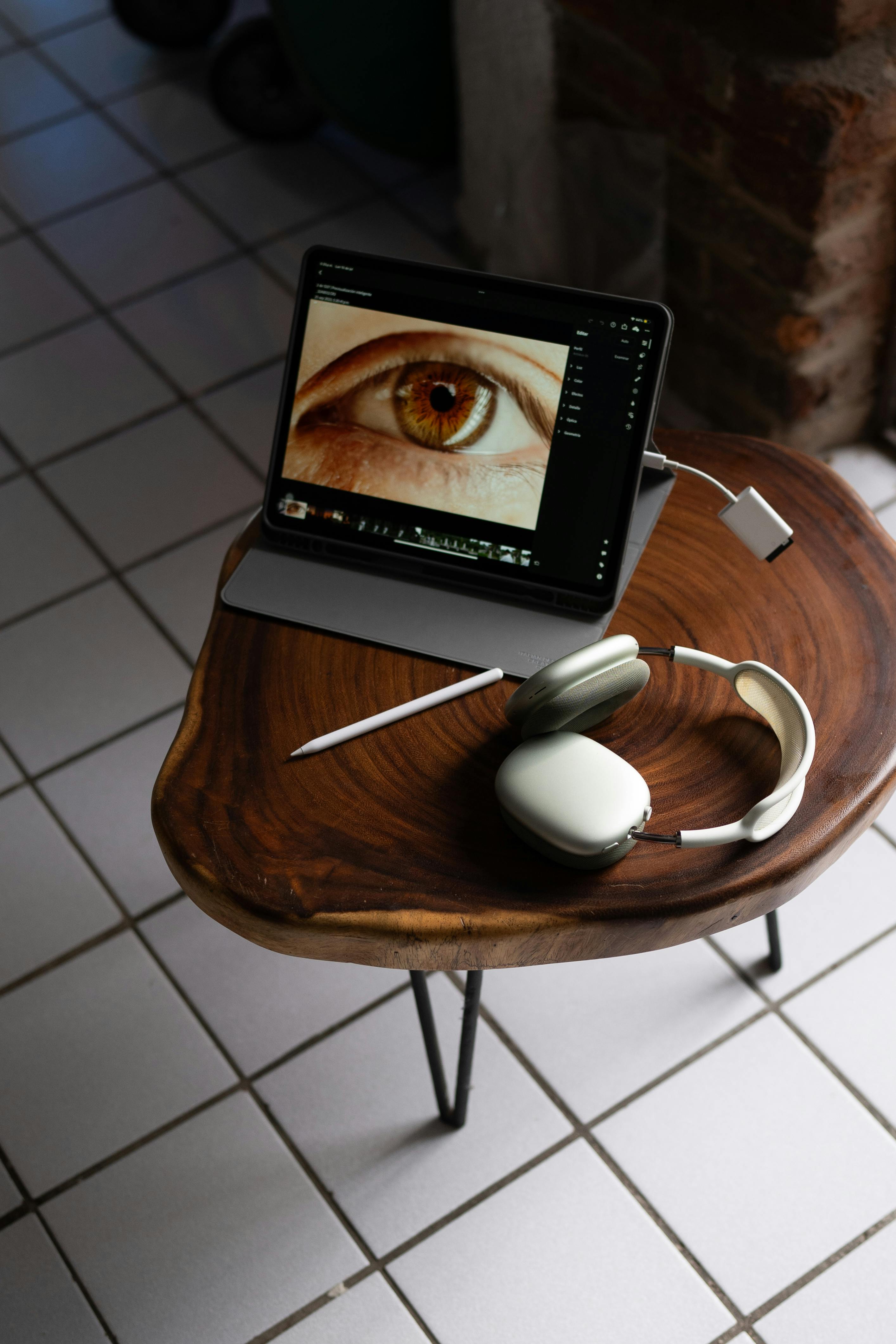 A sleek wooden table holds a tablet displaying an eye photo, headphones, and stylus, highlighting a modern tech workspace.