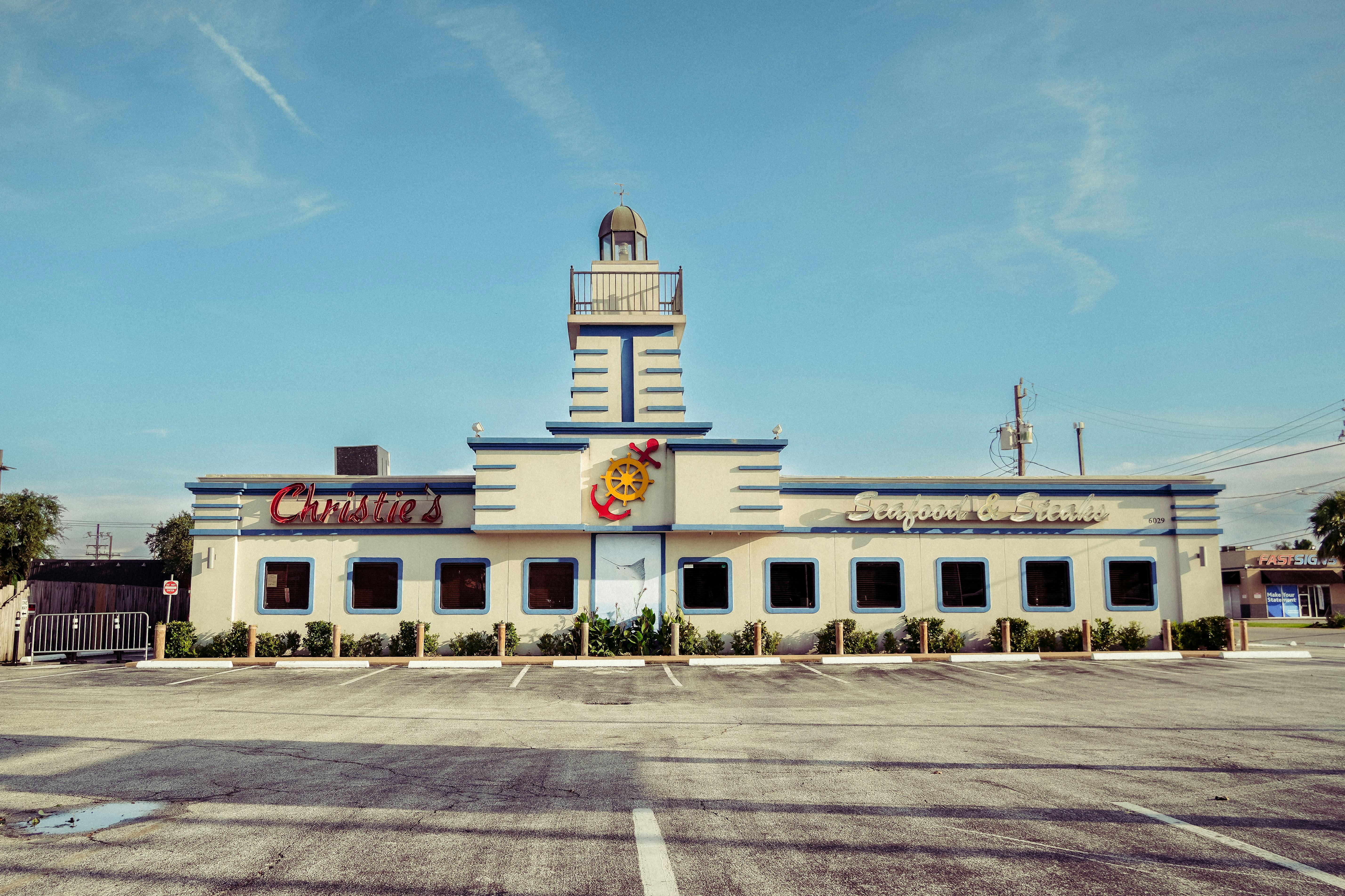 Front view of Christie's Seafood restaurant in Houston with nautical design.