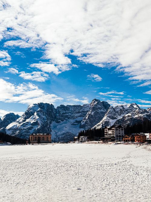 Free Stunning winter landscape of the snow-covered Dolomites in Cortina d'Ampezzo, Italy. Stock Photo