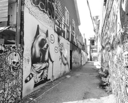 A monochrome urban alley in Toronto adorned with graffiti art, showcasing street culture.