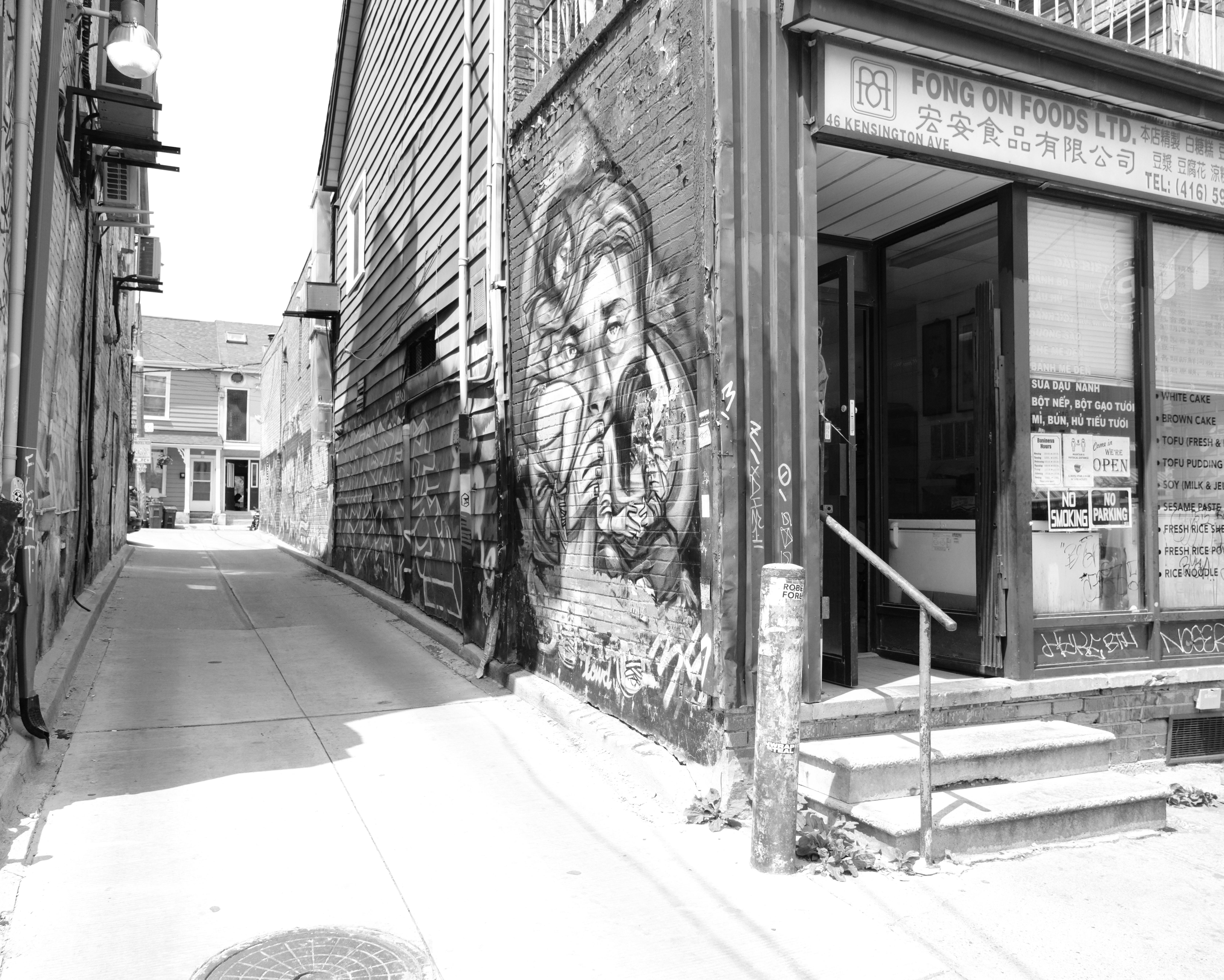 Ücretsiz Toronto'daki bir ara sokakta sergilenen sokak sanatı, kentsel yaratıcılığı yansıtan çarpıcı siyah beyaz grafitiler içeriyor. Stok Fotoğraflar