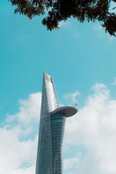 Stunning view of Bitexco Financial Tower in Ho Chi Minh City under clear blue skies.