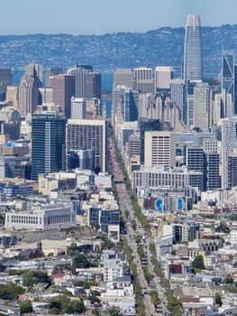 Aerial view of downtown San Francisco's modern skyline and skyscrapers on a clear day.