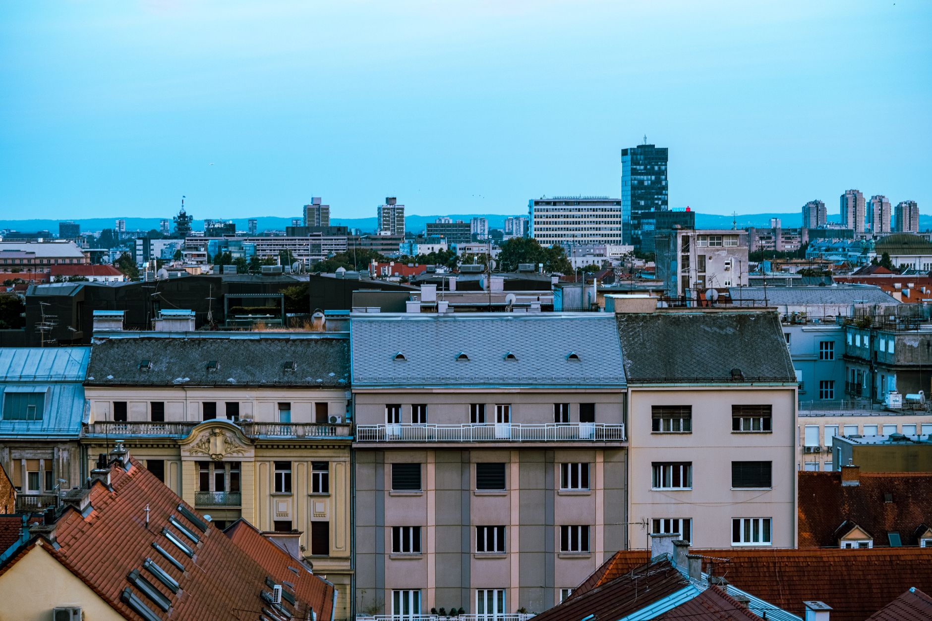Aerial view of Zagreb showcasing historic buildings and rooftops of the Croatian capital