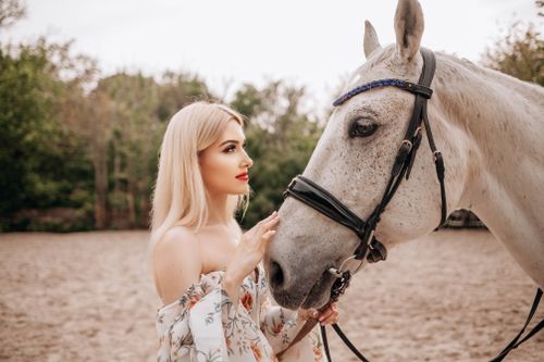 Free A blonde woman gently touches a horse in a tranquil rural outdoor setting. Stock Photo