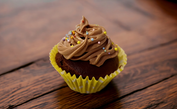 Indulgent chocolate cupcake with rich frosting and colorful sprinkles.