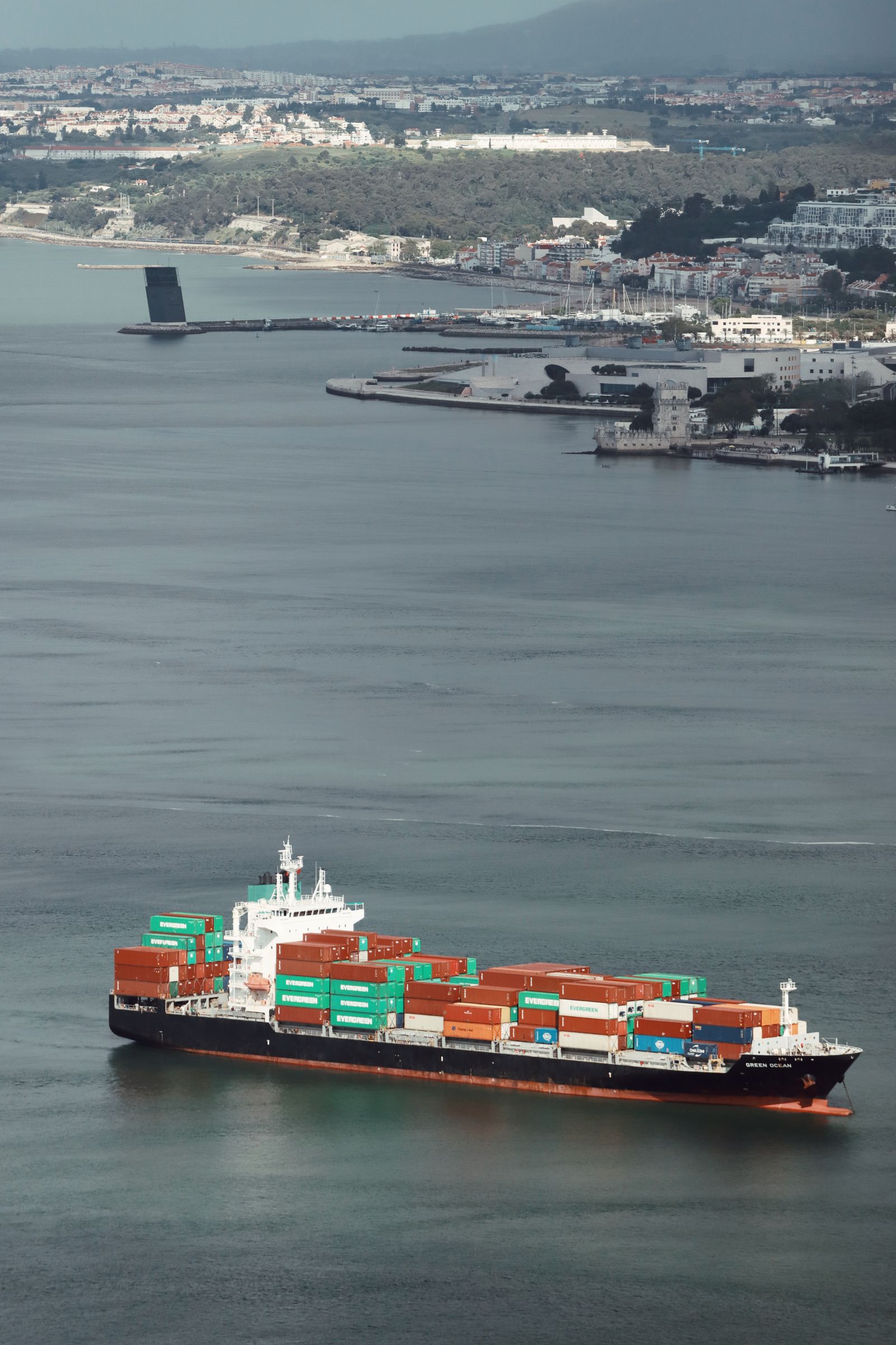 Aerial view of container ship