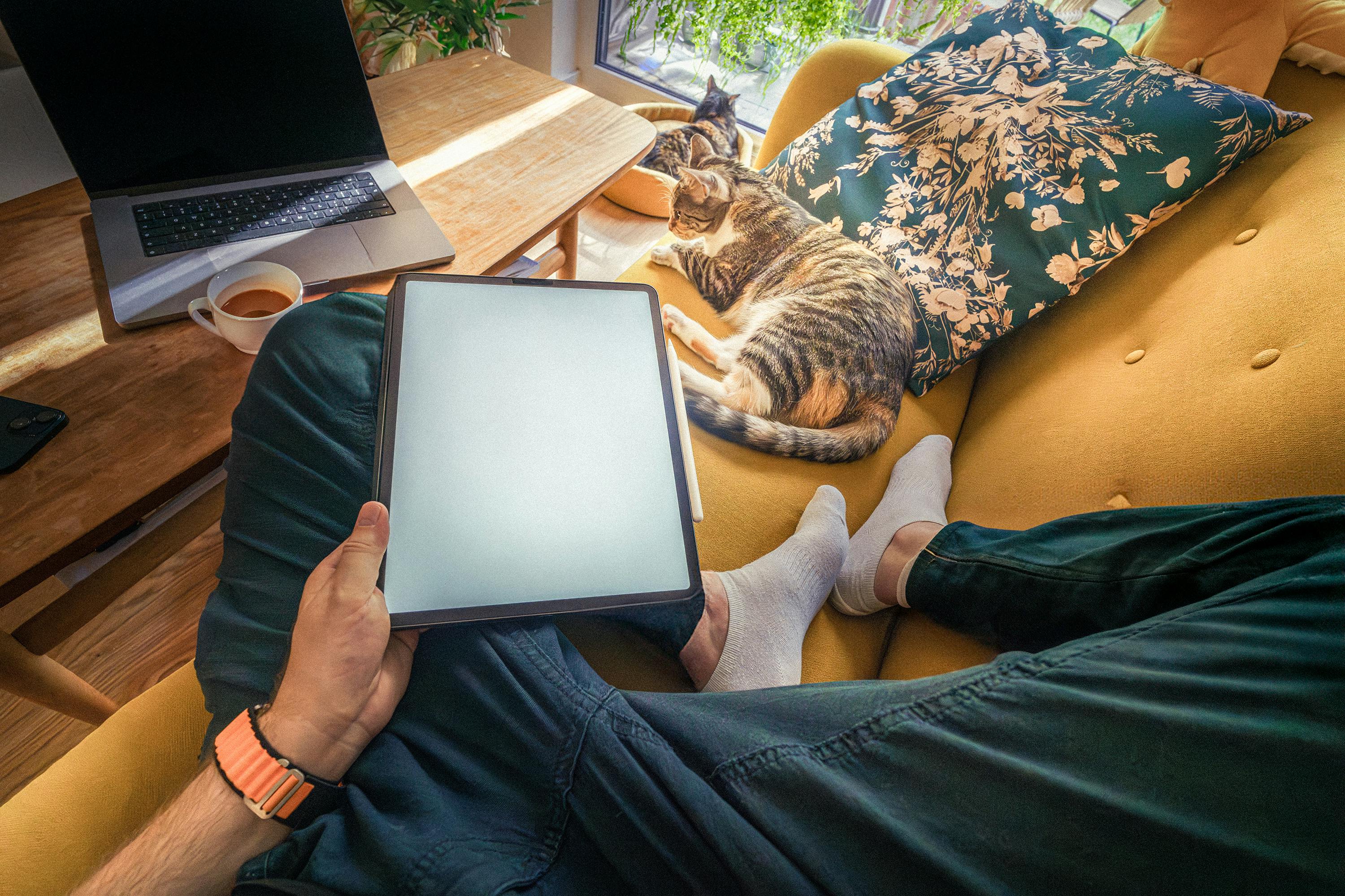 Relaxing home setup with a tablet in hand, lounging with a cat on a yellow sofa.