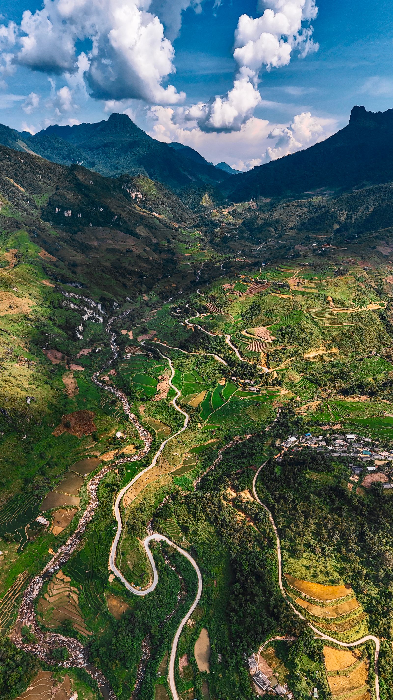 Aerial view of Ha Giang mountain valleys and winding roads