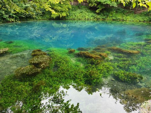 Free Serene view of the blue water at Blautopf, reflecting lush greenery in Blaubeuren, Germany. Stock Photo