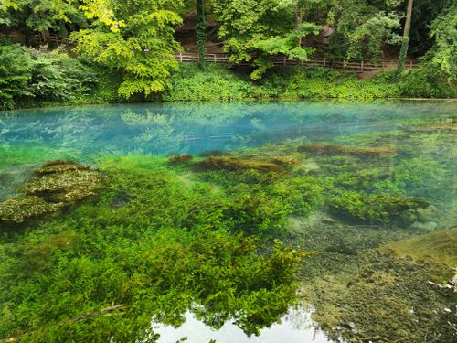 Free Tranquil view of Blaubeuren's reflective lake surrounded by lush greenery. Stock Photo