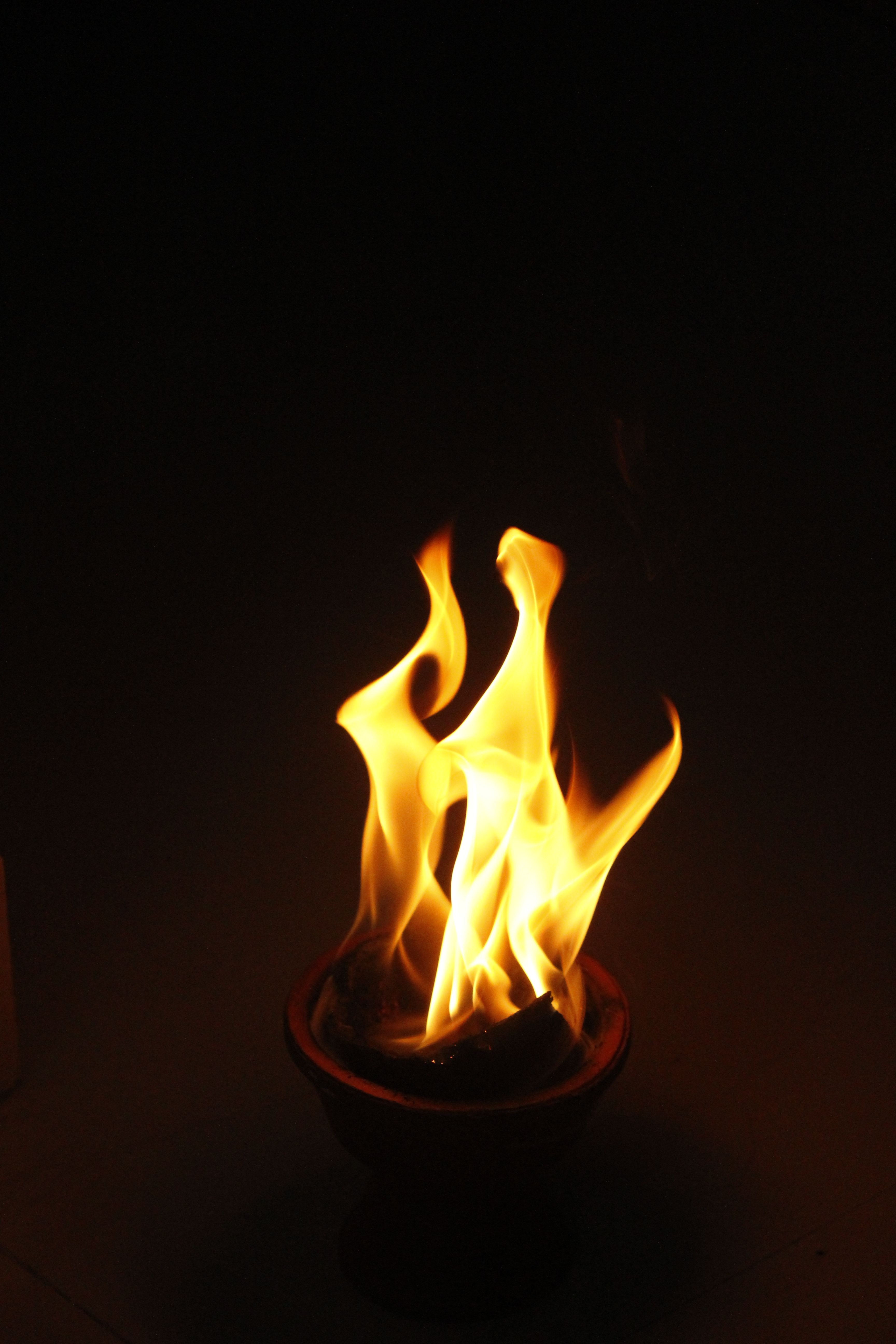 A dynamic shot of flames rising from a container against a dark background.