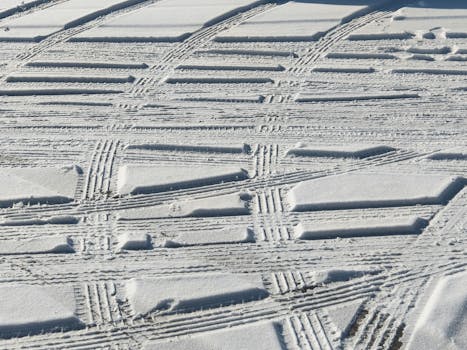 Detailed patterns of tire tracks on snow, capturing the essence of winter textures and outdoor adventure.