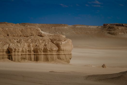 View of the striking desert rock formations in the Faiyum region, Egypt.