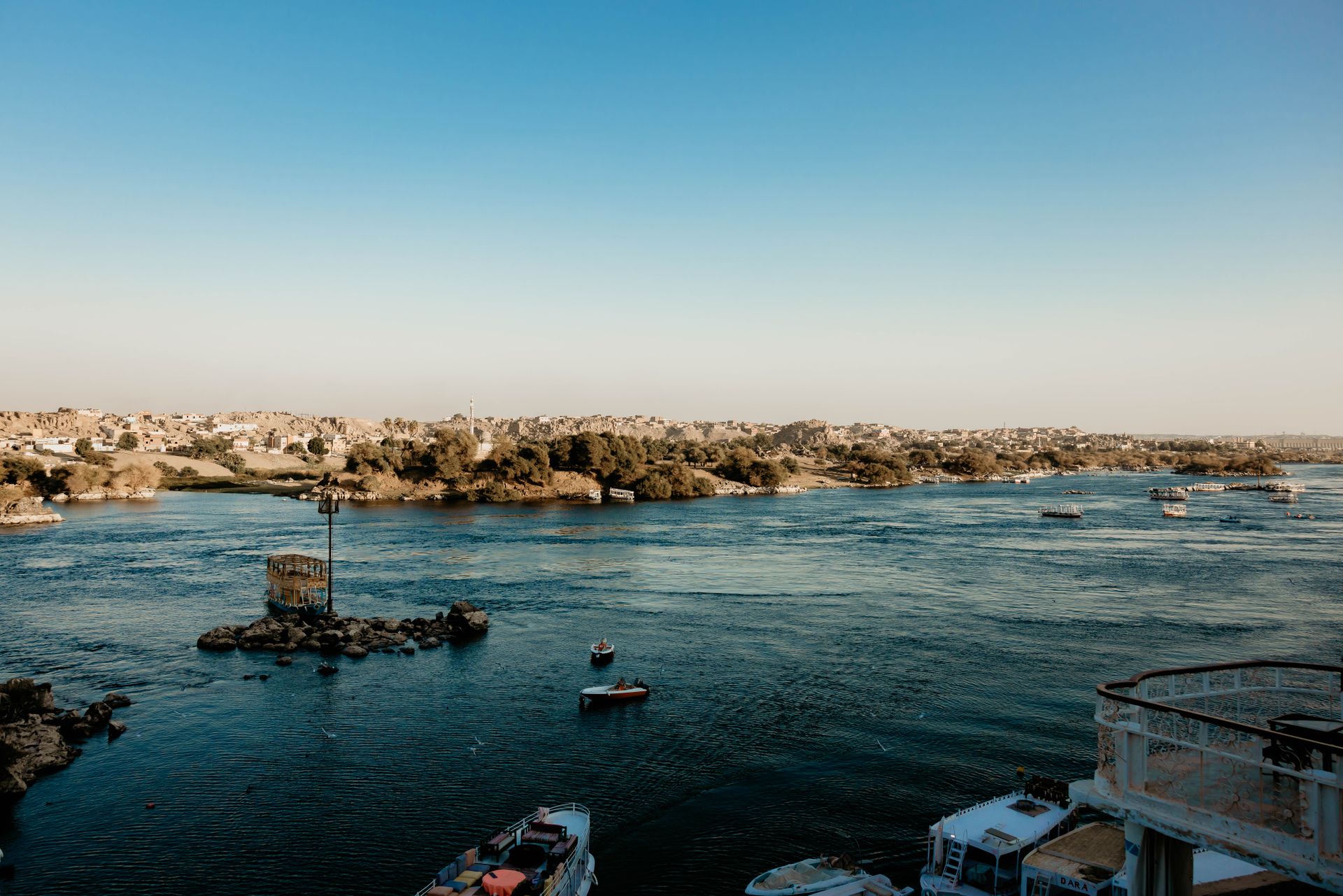 The Nile river and surrounding landscape in ancient Egypt in daylight