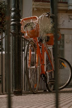 A vintage orange bicycle with plants in baskets captured on a sunny street in Altea, Spain.