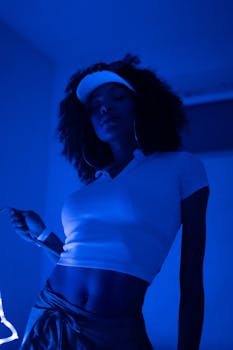 蓝色黑光下，一位女性的肖像引人注目，展现了时尚与风格