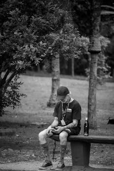 Black and white photo of a man sitting on a park bench using a smartphone.
