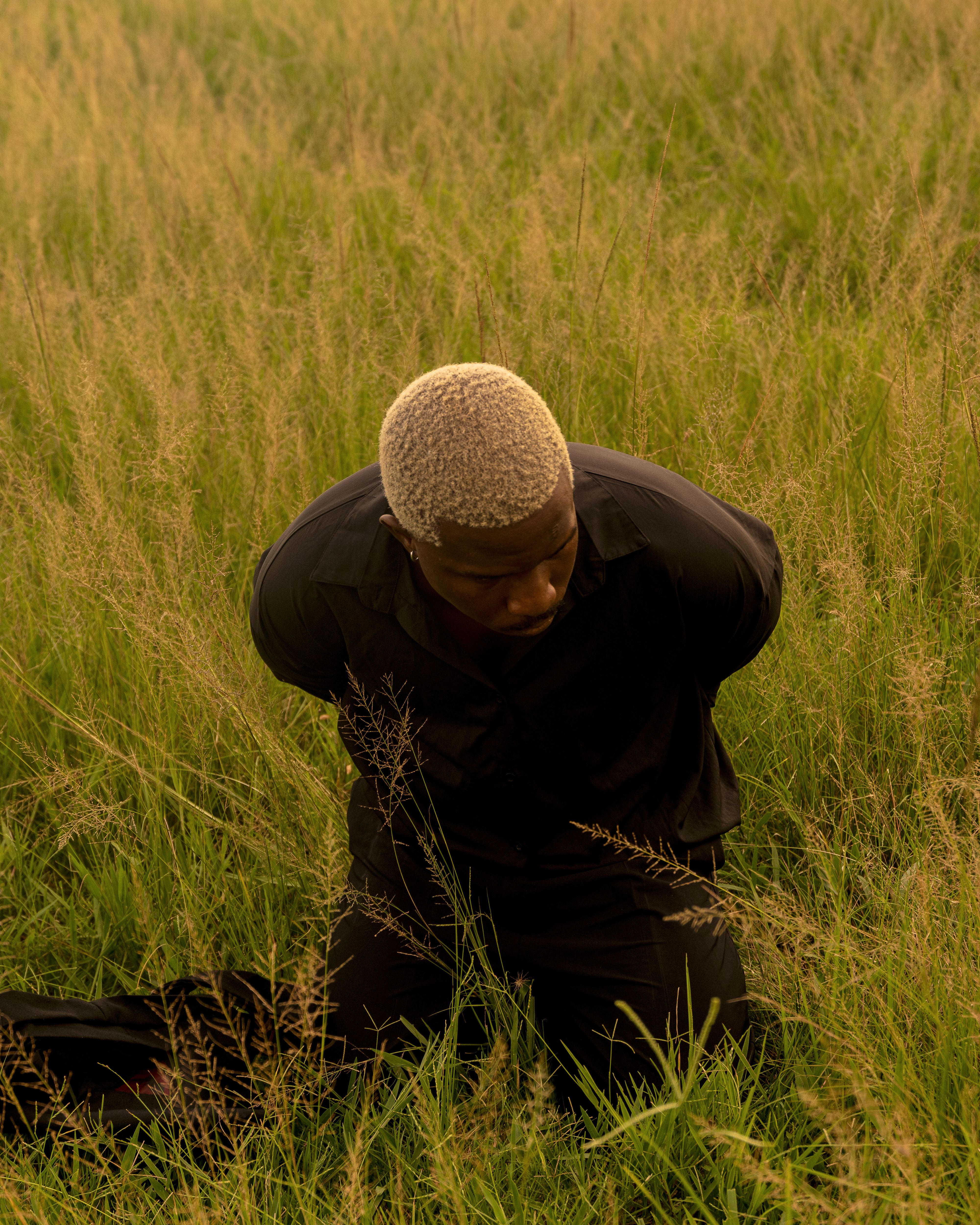 A man kneeling in a field of tall grass · Free Stock Photo