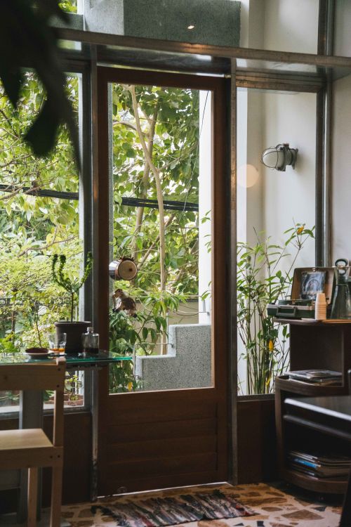 Free Inviting indoor area featuring a wooden door, natural light, and lush greenery. Stock Photo