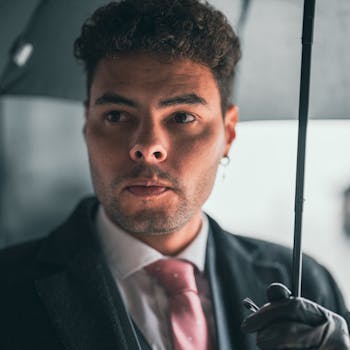 Confident man in a suit holding an umbrella in a rainy city. Professional and poised.
