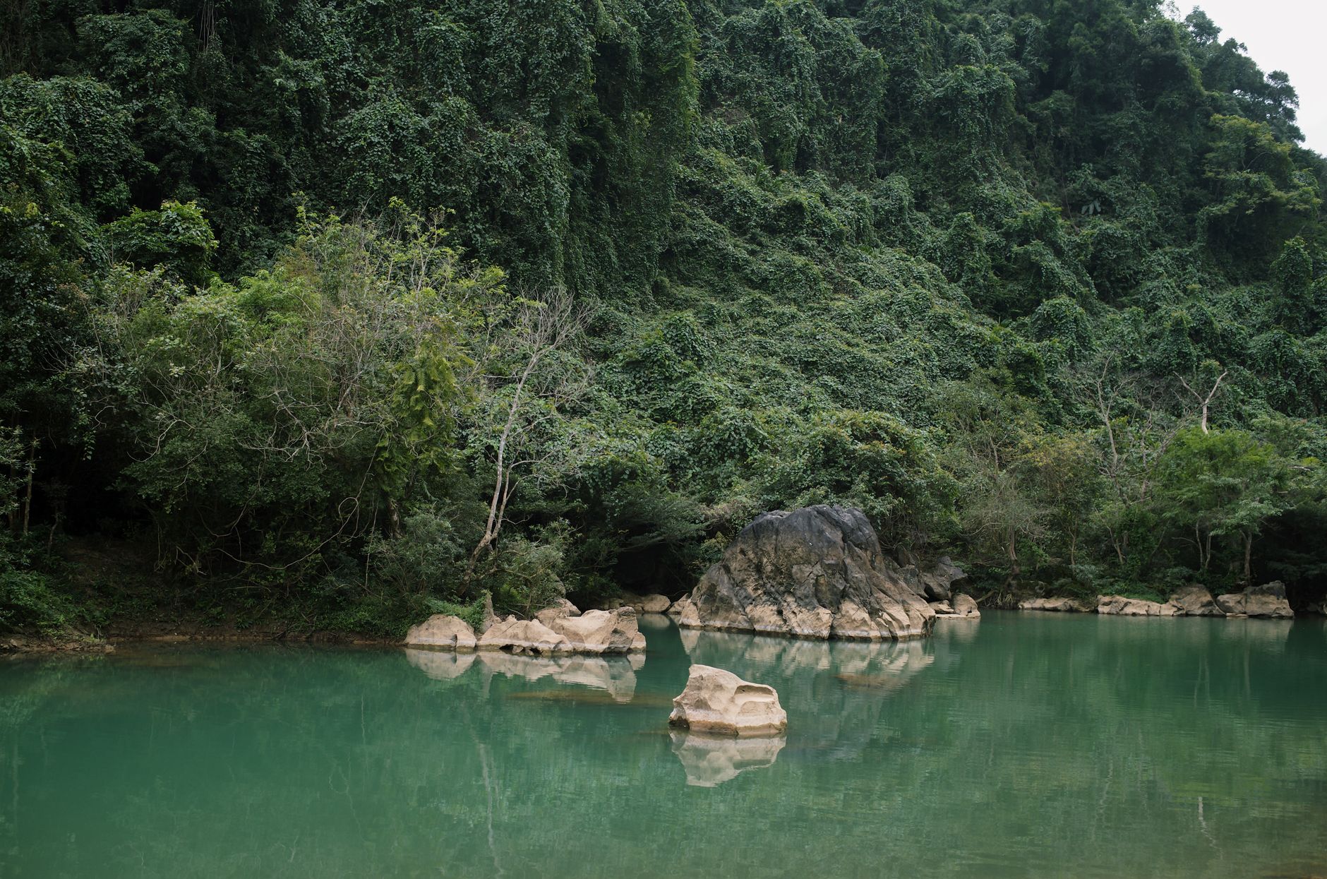 Beautiful jungle lake with rock reflections in Quang Binh Province, Vietnam.