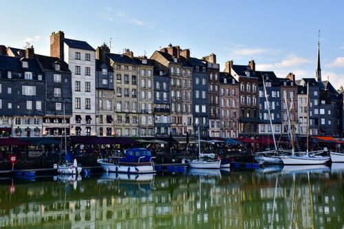 Free Picturesque port view with historic buildings in Honfleur, Normandy, France. Stock Photo