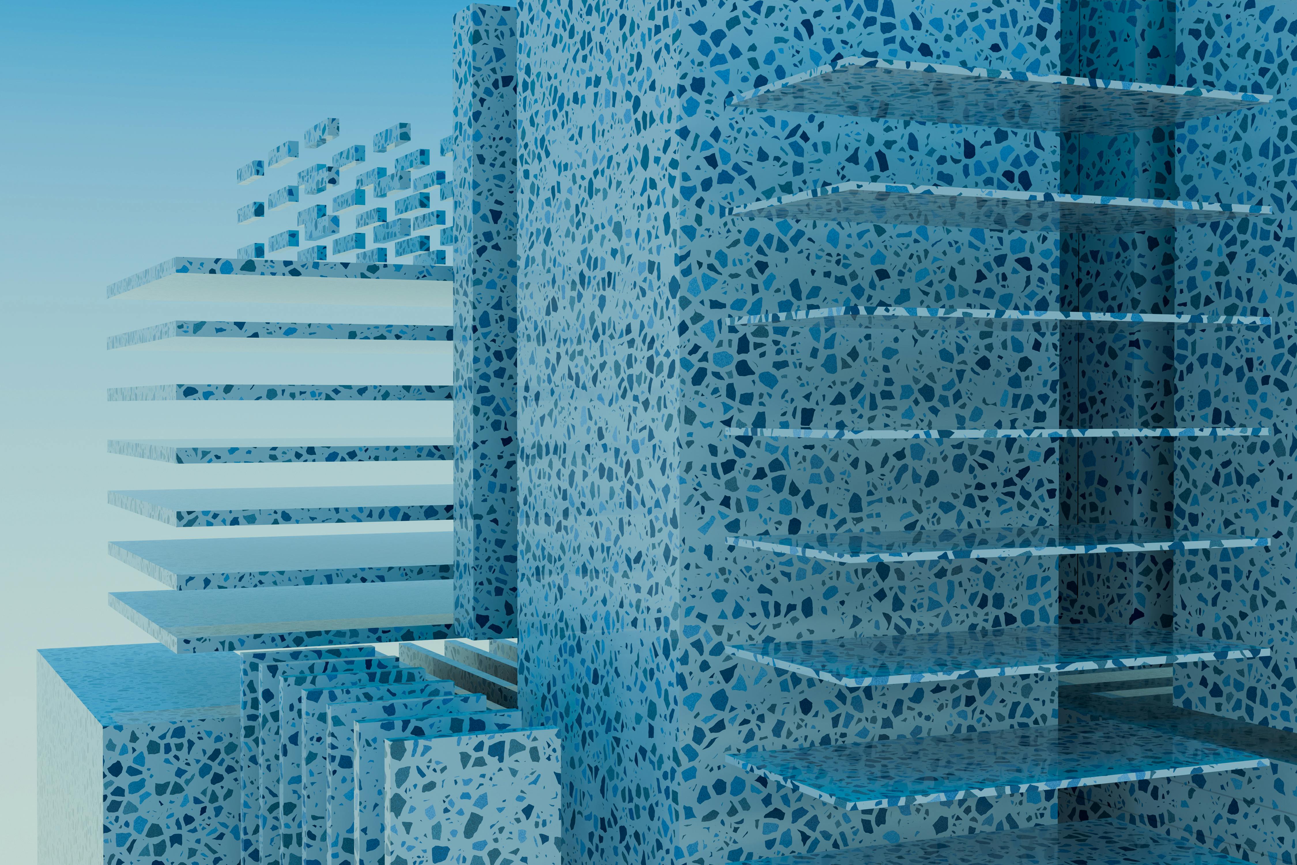 A modern abstract architectural 3D render with terrazzo pattern and layered structure.