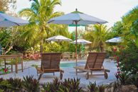 Two Brown Wooden Lounge Chairs at the Pool