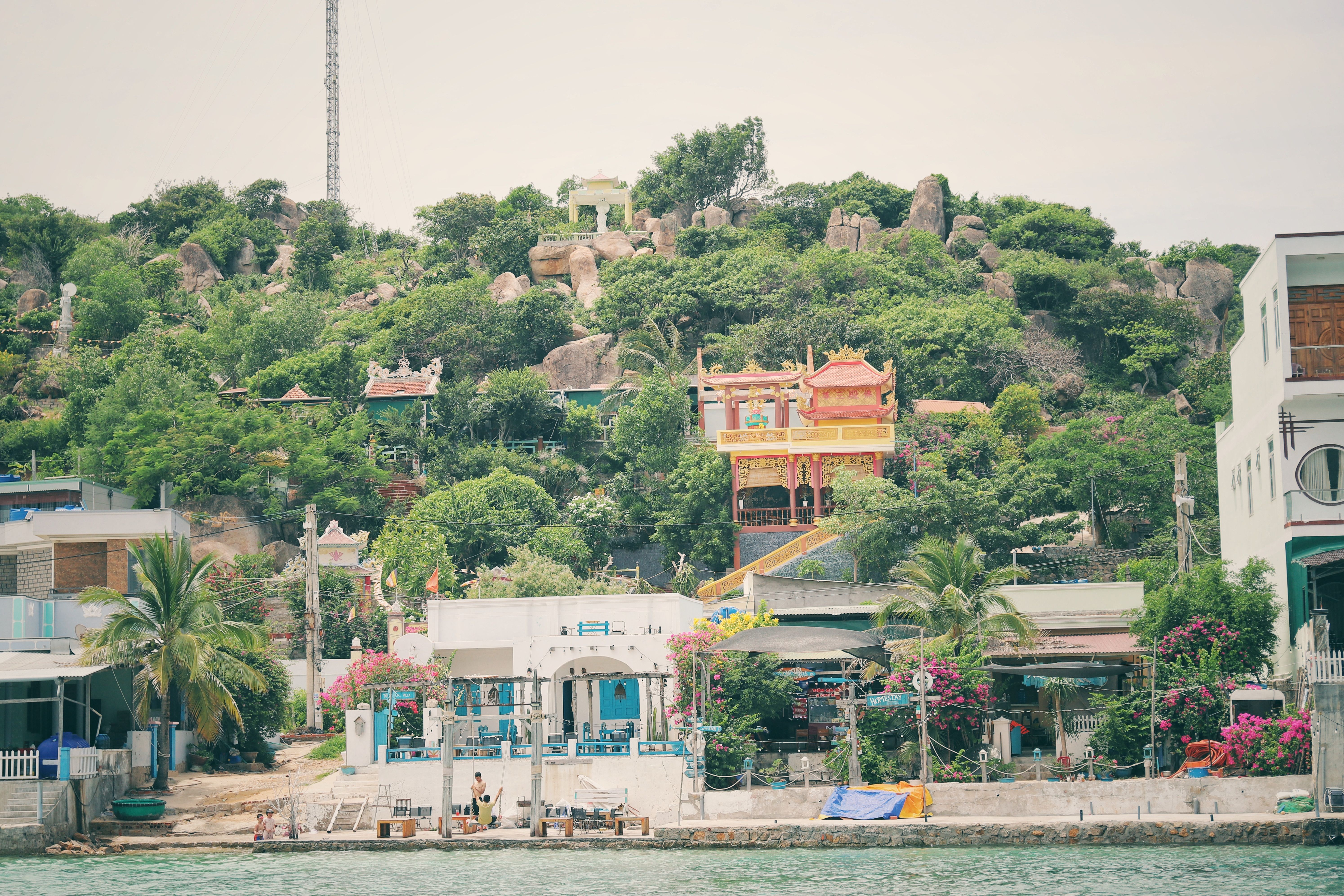 Colorful beach houses and lush greenery on Binh Hung Island's serene coastline.