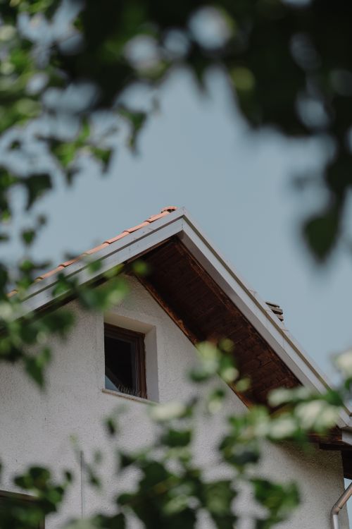 Free A picturesque view of a cottage roof framed by lush green leaves against a clear sky. Stock Photo