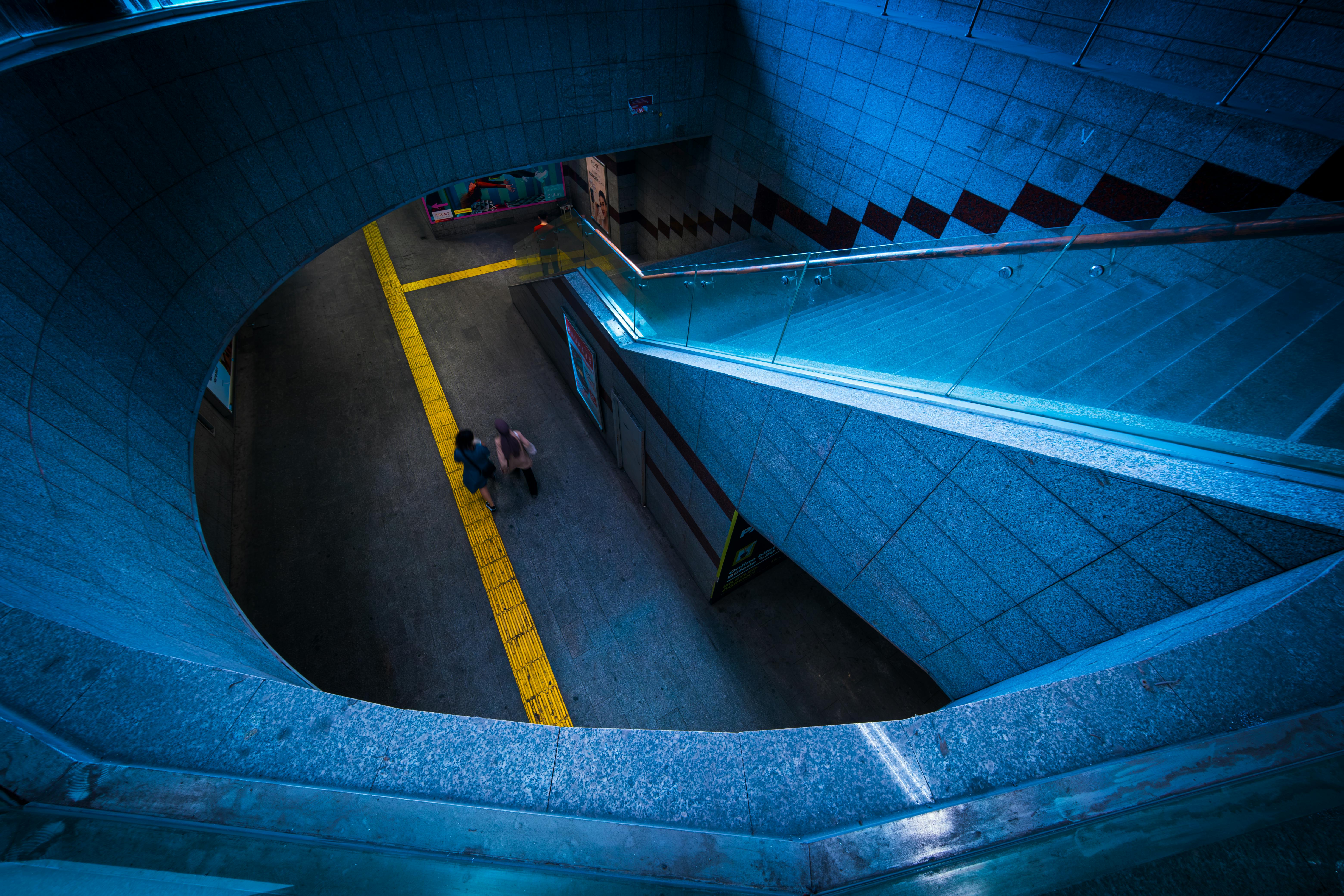 a blue and yellow stairway