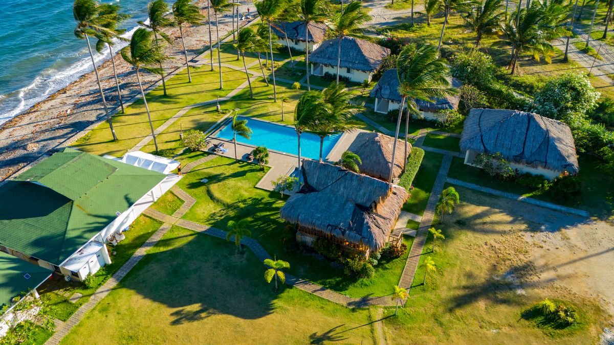 Aerial view of a tropical beach and turquoise water