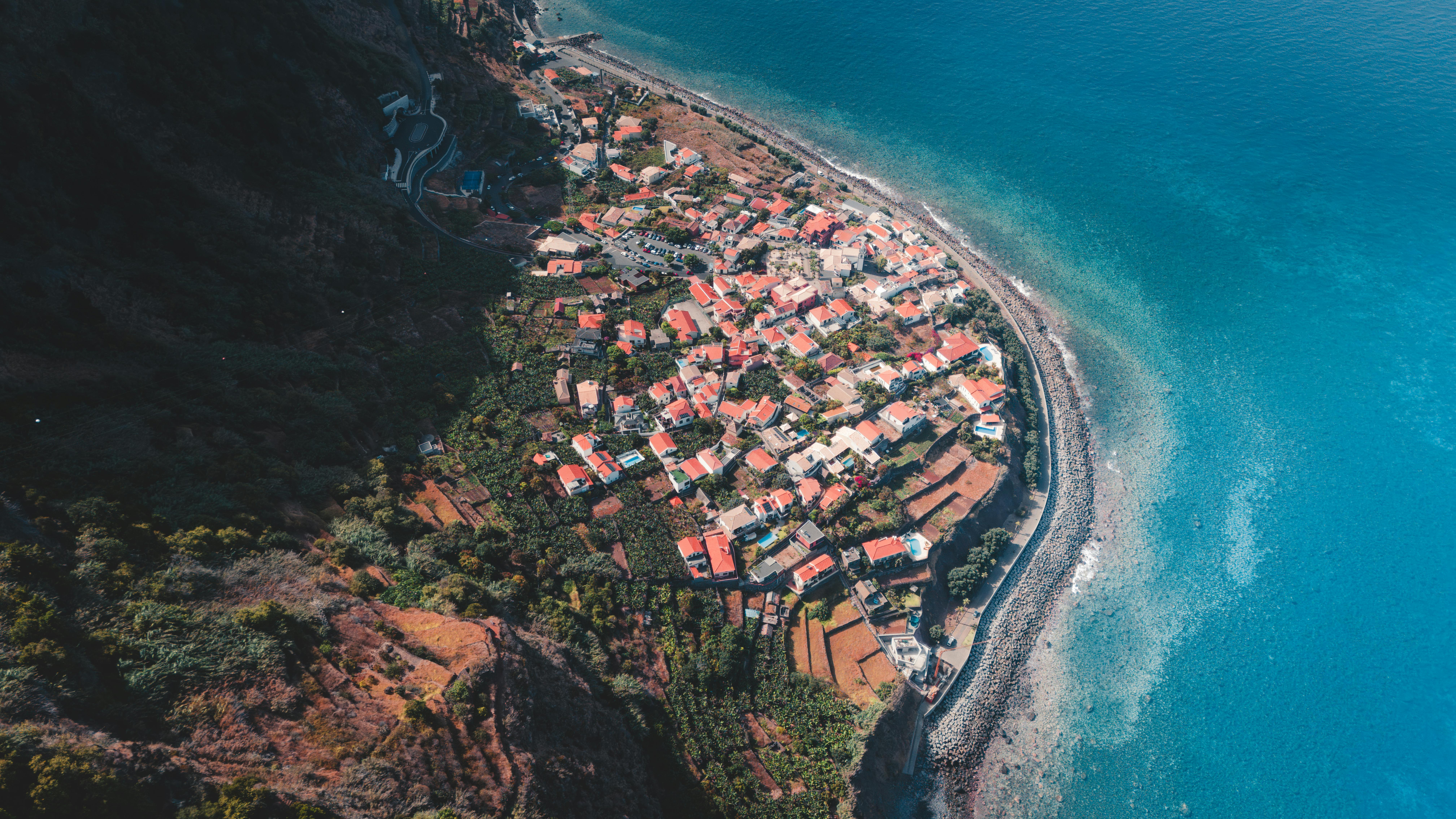 Aerial view of a small coastal village in Madeira