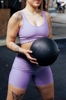 Fitness-focused woman with tattoos exercising with a medicine ball indoors.