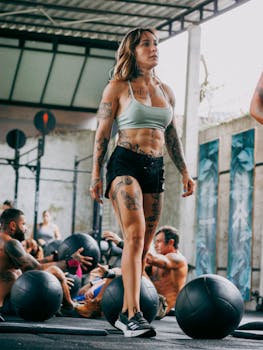 Tattooed woman leading a CrossFit class outdoors, emphasizing fitness and motivation.