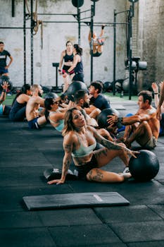 A diverse group of adults engaging in an intense fitness class using medicine balls indoors.