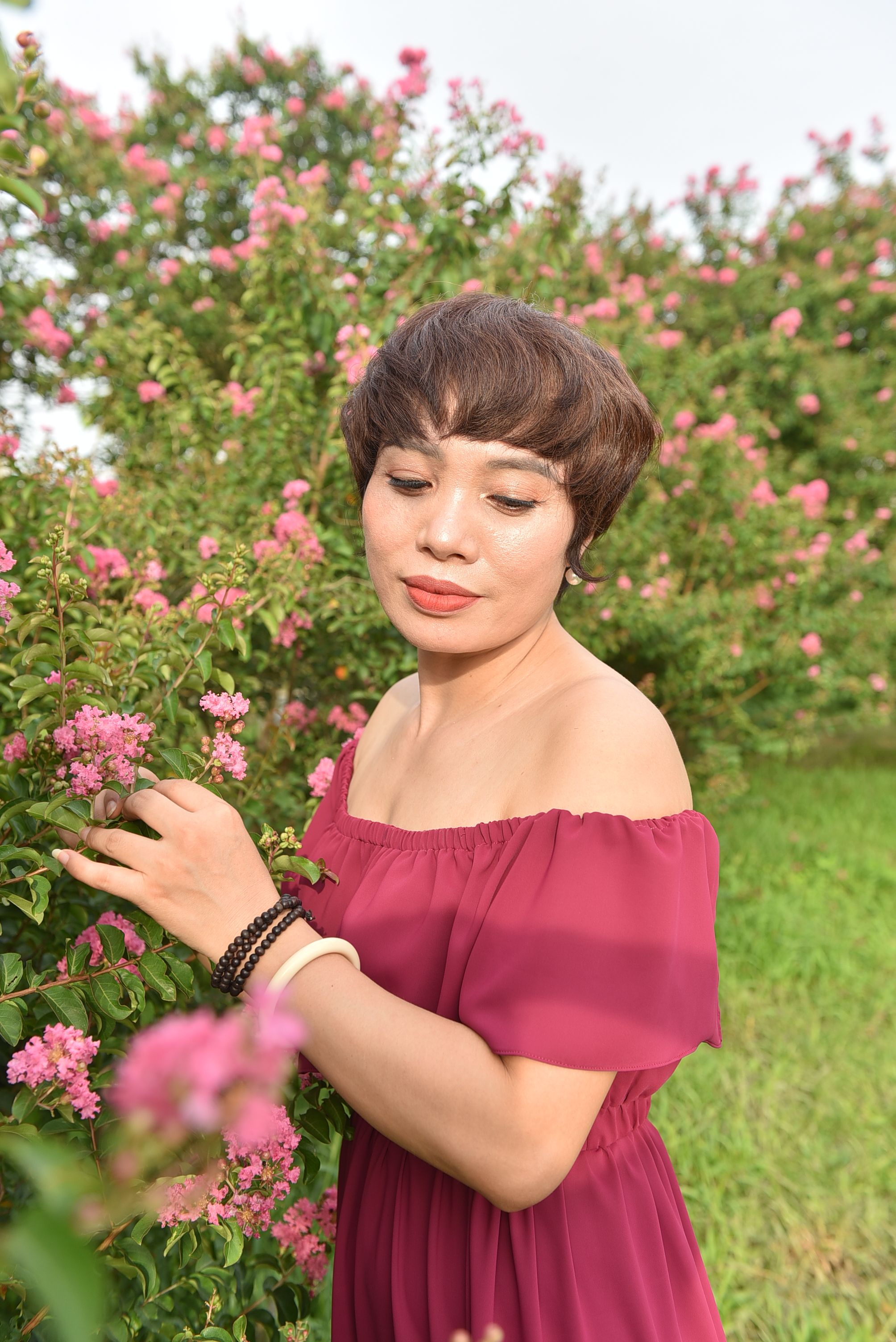 A woman in a red dress is standing in a field of pink flowers · Free ...