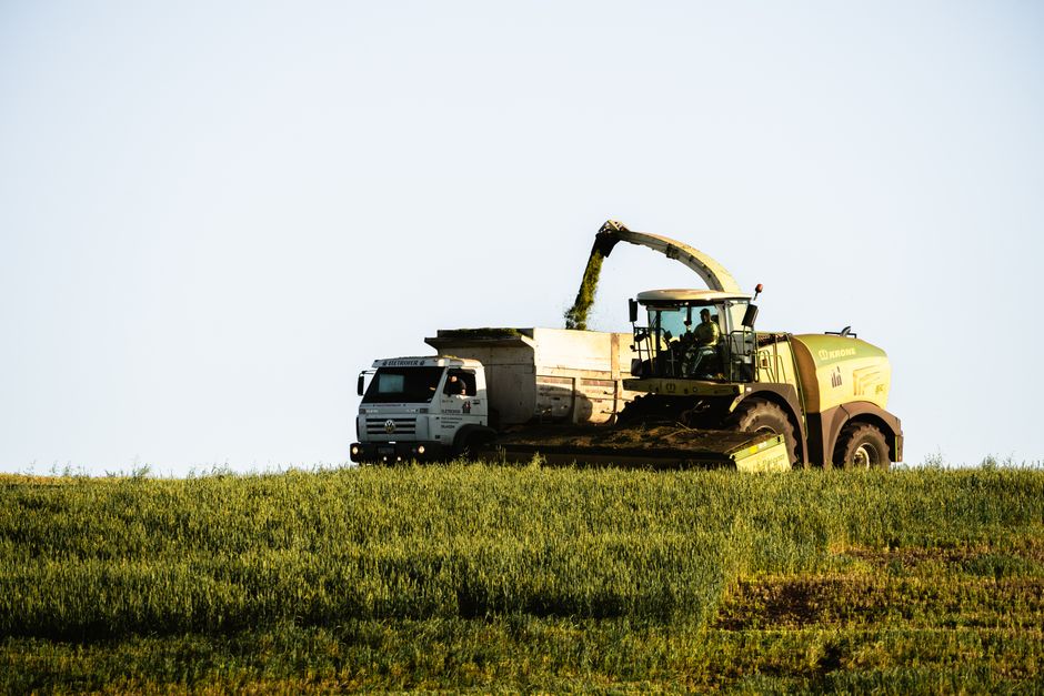 Una cosechadora y un camión trabajando juntos en un campo rural durante la temporada de cosecha.