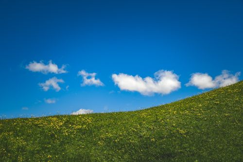 Free A serene summer landscape featuring a grassy hill under a vibrant blue sky with white clouds. Stock Photo