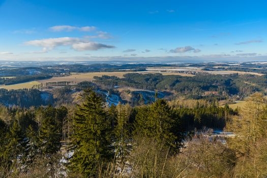 Scenic aerial view of a lush valley with forests, fields, and a bright blue sky.