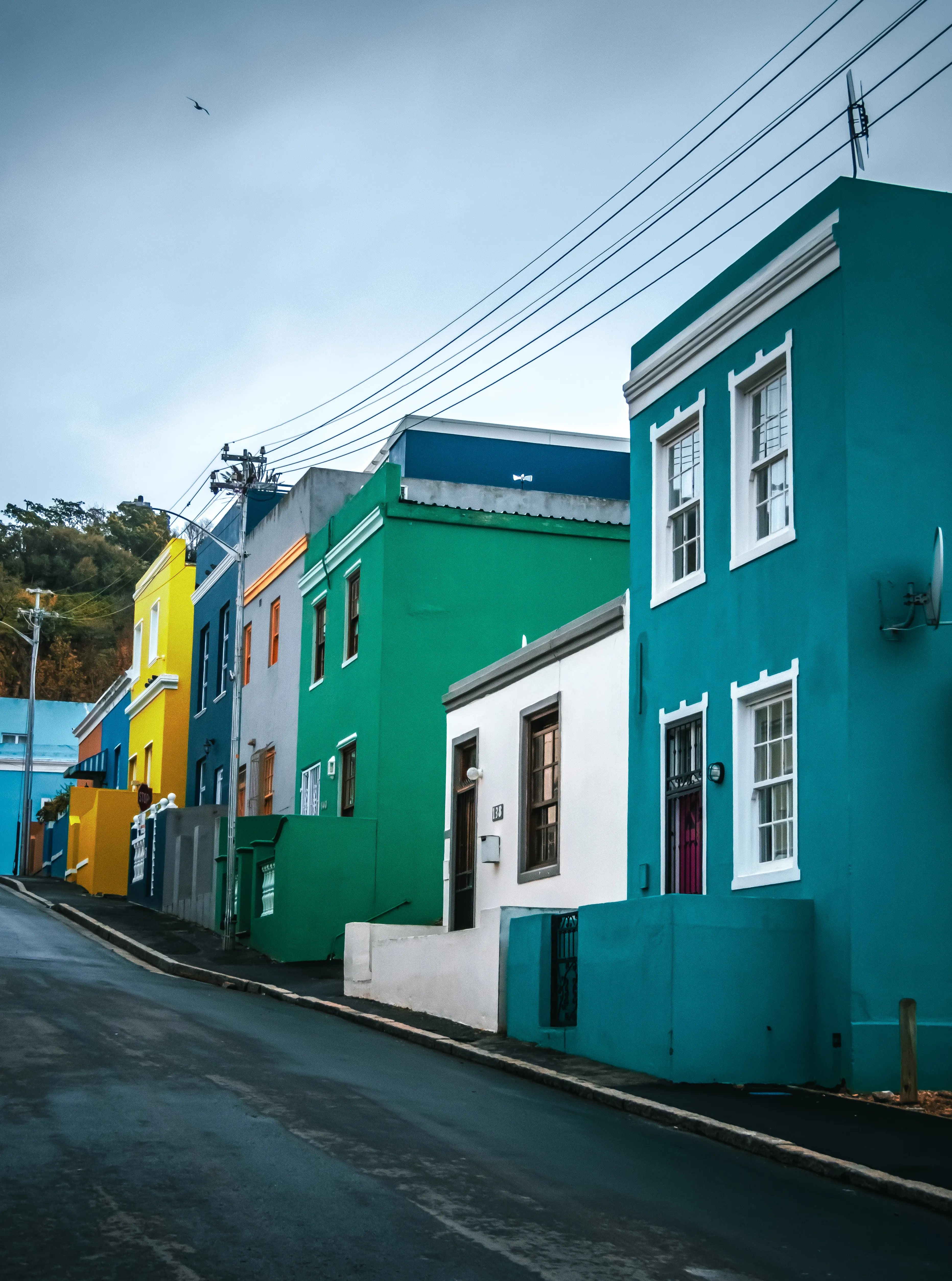 A row of brightly painted traditional houses lining a Bo-Kaap street