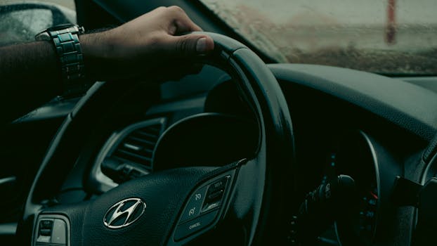 A person drives a car focusing on the steering wheel and dashboard in view.