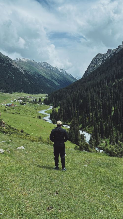 Free Traveler stands in picturesque mountain valley with lush greenery, perfect for adventure seekers. Stock Photo
